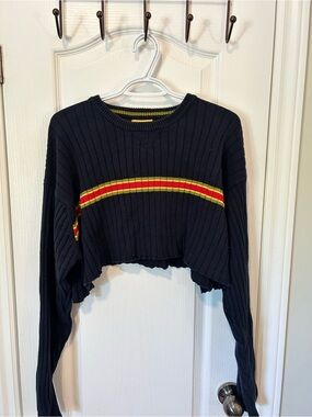 UNIF Navy Cropped Ribbed Sweatshirt with Red and Yellow Stripe